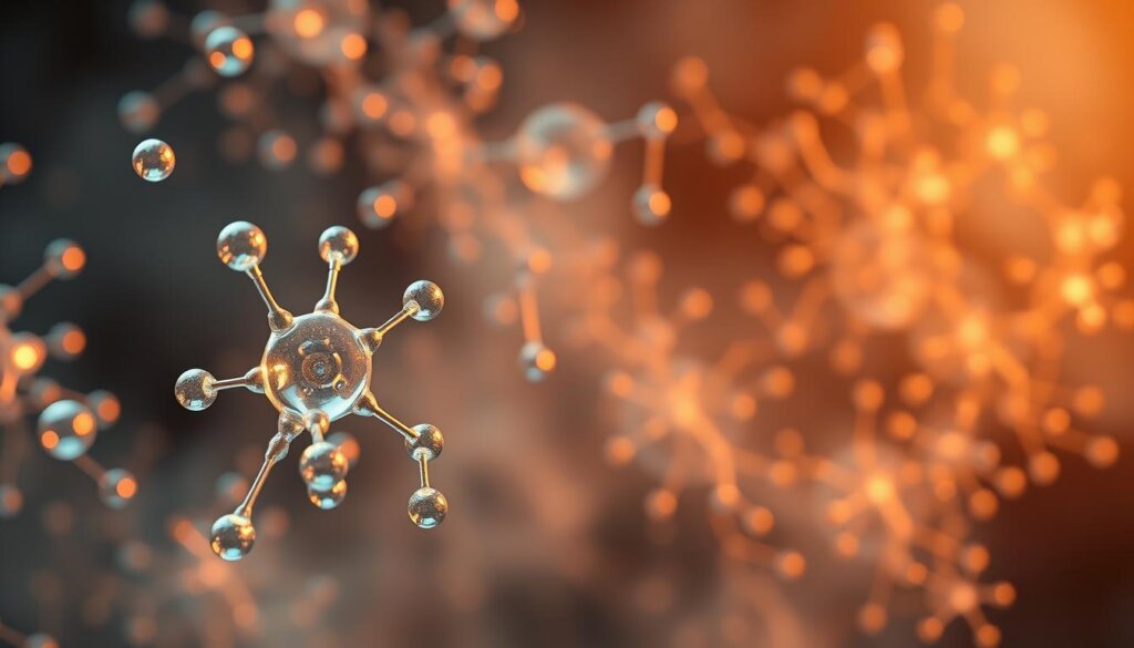 Molecular hydrogen mechanisms: a dynamic interplay of atoms, bonds, and energy flows. In the foreground, a crisp, three-dimensional model of the hydrogen molecule, its delicate bonds shimmering with a soft, ethereal glow. In the middle ground, cascading pathways of molecular interactions, intricate networks of antioxidant and anti-inflammatory processes, their intricate dance illuminated by a warm, diffused light. In the background, a hazy, ethereal representation of the mitochondria, the powerhouses of the cell, their structures pulsing with the rhythmic energy of cellular respiration. The overall atmosphere is one of scientific precision, elegance, and the underlying beauty of the fundamental processes that sustain life.